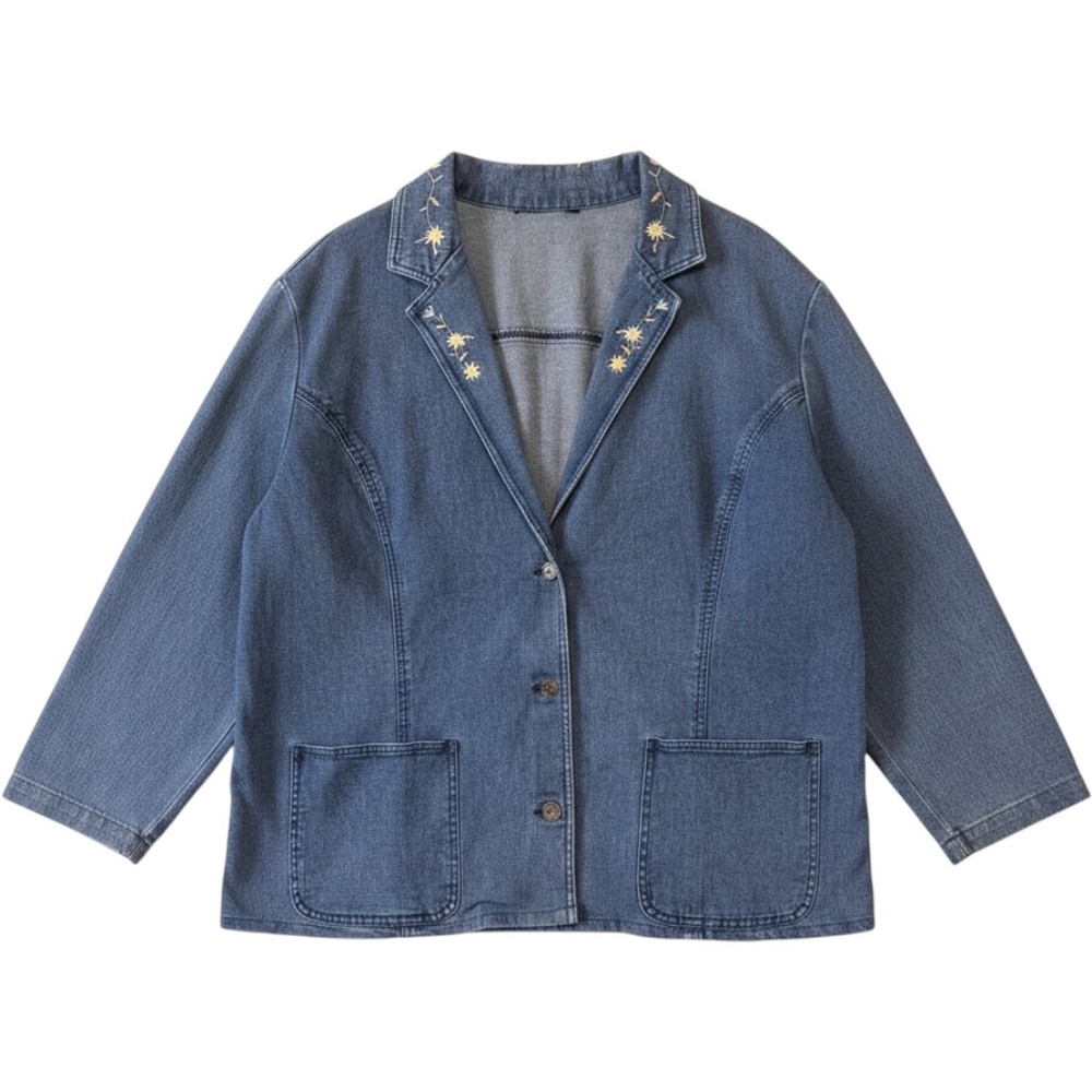 DENIM & CO | Blazer Women XL Blue Floral Daisy Embroidered Jean Jacket Coat